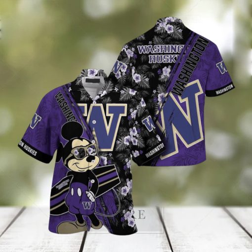 NCAA Washington Huskies Hawaiian Shirt Mickey And Floral Pattern