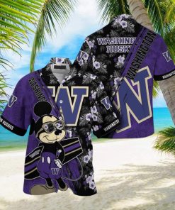 NCAA Washington Huskies Hawaiian Shirt Mickey And Floral Pattern