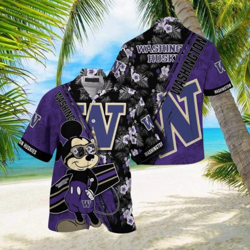 NCAA Washington Huskies Hawaiian Shirt Mickey And Floral Pattern