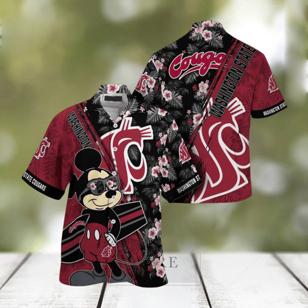 NCAA Washington State Cougars Hawaiian Shirt Mickey And Floral Pattern NCAA Washington State Cougars Hawaiian Shirt Mickey And Floral Pattern