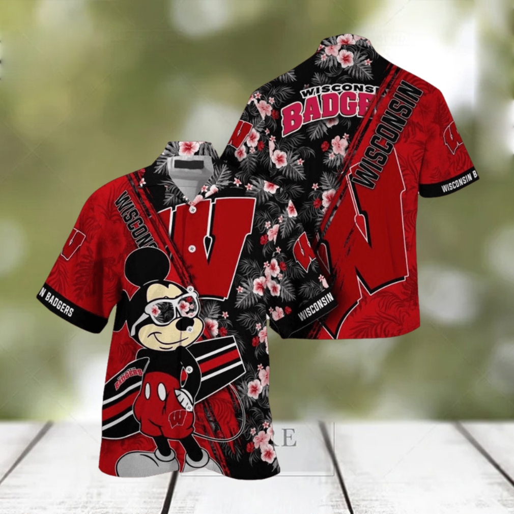 NCAA Wisconsin Badgers Hawaiian Shirt Mickey And Floral Pattern NCAA Wisconsin Badgers Hawaiian Shirt Mickey And Floral Pattern