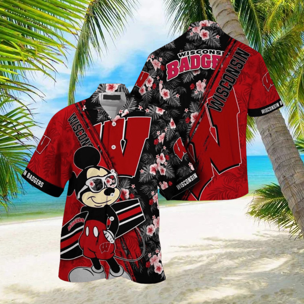 NCAA Wisconsin Badgers Hawaiian Shirt Mickey And Floral Pattern NCAA Wisconsin Badgers Hawaiian Shirt Mickey And Floral Pattern