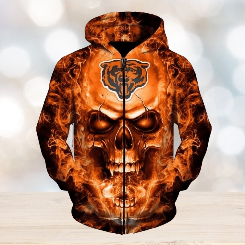 NFL Chicago Bears Skull Flame Thrower In Orange Zip Up Hoodie NFL Chicago Bears Skull Flame Thrower In Orange Zip Up Hoodie