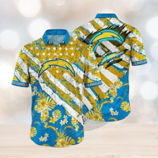 NFL Los Angeles Chargers Gold Flowers Blue Hawaiian Shirt V2