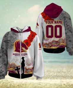 NRL Brisbane Broncos Custom Name Number ANZAC Day Zip Up Hoodie