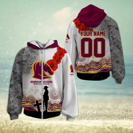 NRL Brisbane Broncos Custom Name Number ANZAC Day Zip Up Hoodie