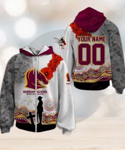 NRL Brisbane Broncos Custom Name Number ANZAC Day Zip Up Hoodie