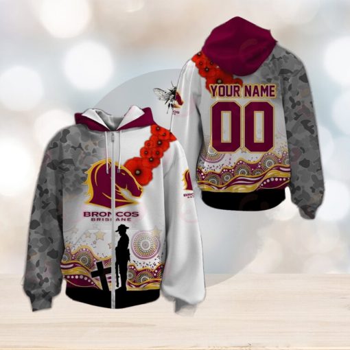 NRL Brisbane Broncos Custom Name Number ANZAC Day Zip Up Hoodie