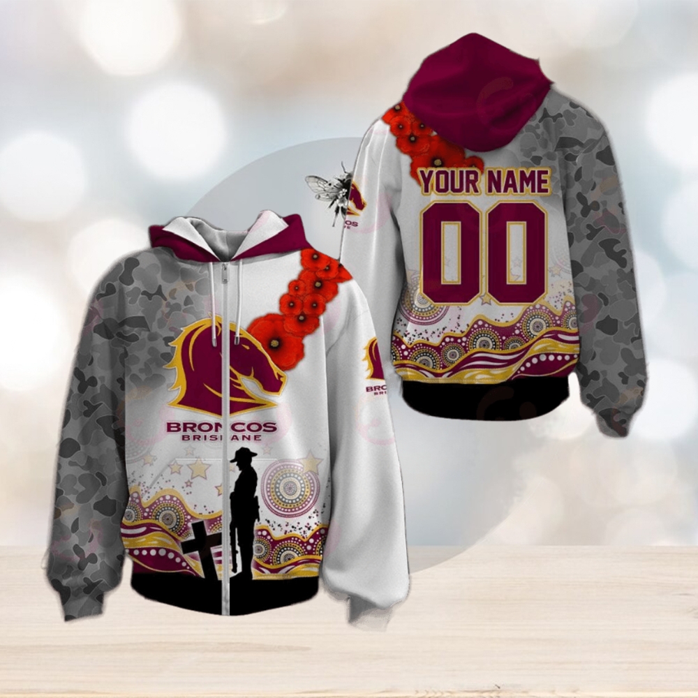 NRL Brisbane Broncos Custom Name Number ANZAC Day Zip Up Hoodie NRL Brisbane Broncos Custom Name Number ANZAC Day Zip Up Hoodie