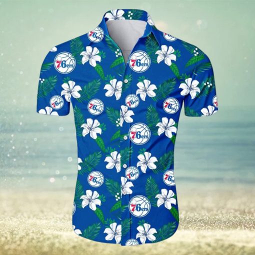 Nba Philadelphia 76Ers White Hibiscus Flowers Green Leaves Trendy Hawaiian Shirt Aloha Shirt