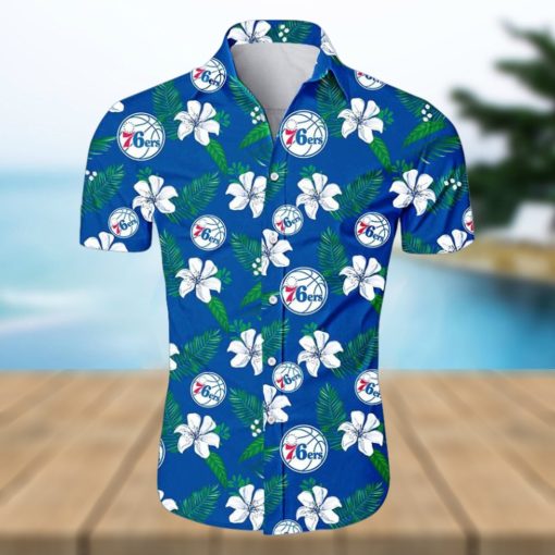 Nba Philadelphia 76Ers White Hibiscus Flowers Green Leaves Trendy Hawaiian Shirt Aloha Shirt