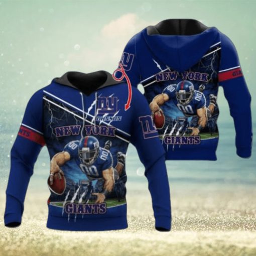 New York Giants Mascot Catching Ball Design Custom Name Personalized Design T Shirt Zip Up Hoodie Long Sleeve Tee For Nfl Fans Sweatshirt Tshirt Football Gift