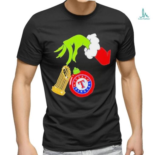 Official Grinch hand Texas rangers 2023 world series champions cup Christmas T shirt