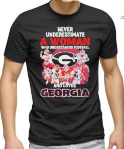 Official Never Underestimate A Woman Who Understands Football And Loves Georgia College Football Signatures Christmas T Shirt