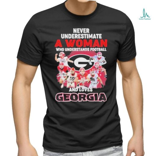 Official Never Underestimate A Woman Who Understands Football And Loves Georgia College Football Signatures Christmas T Shirt