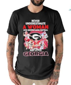 Official Never Underestimate A Woman Who Understands Football And Loves Georgia College Football Signatures Christmas T Shirt