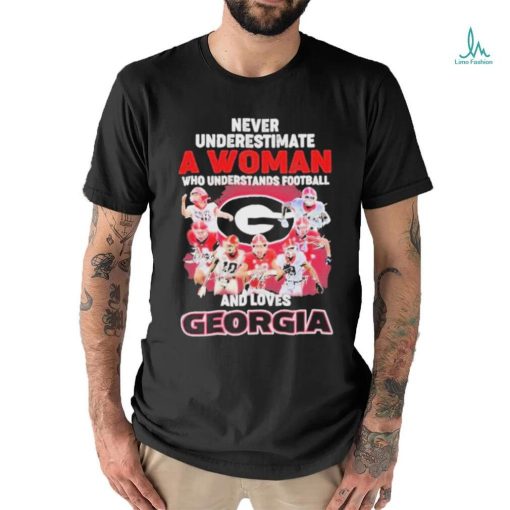 Official Never Underestimate A Woman Who Understands Football And Loves Georgia College Football Signatures Christmas T Shirt