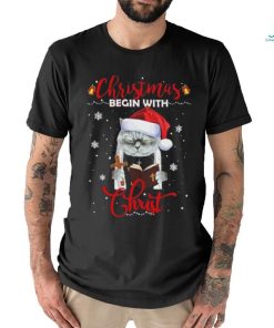Official Santa Cat Christmas Begin With Christ T Shirt