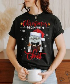 Official Santa Cat Christmas Begin With Christ T Shirt