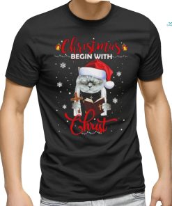 Official Santa Cat Christmas Begin With Christ T Shirt
