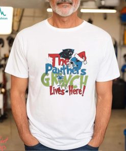 Official grinch Hat Santa The Carolina Panthers Lives Here Christmas Shirt