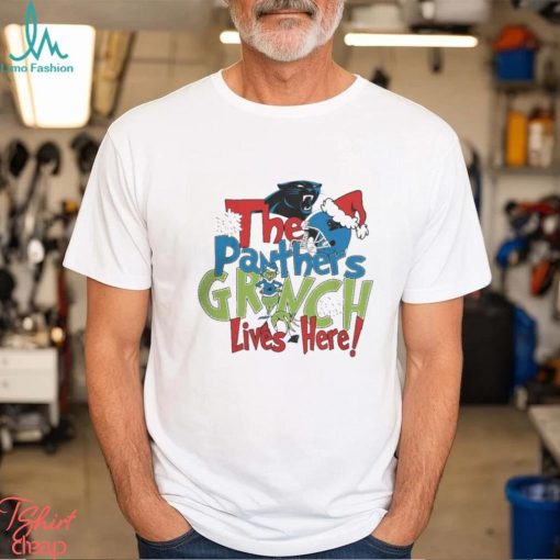 Official grinch Hat Santa The Carolina Panthers Lives Here Christmas Shirt