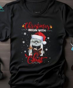 Official santa Cat Christmas Begin With Christ T Shirt
