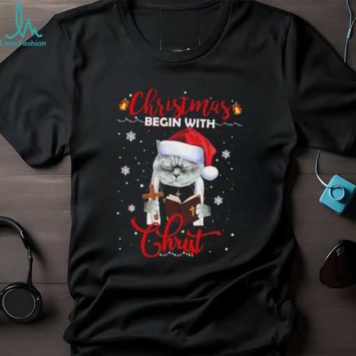 Official santa Cat Christmas Begin With Christ T Shirt