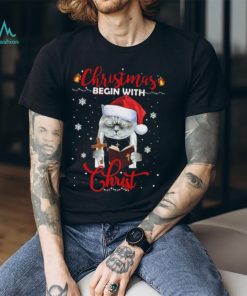 Official santa Cat Christmas Begin With Christ T Shirt