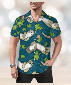 Otter Water Lily Men’s Casual Button Down Shirts Hawaiian Cuban T Shirt Blouse Tops