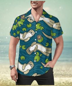 Otter Water Lily Men's Casual Button Down Shirts Hawaiian Cuban T Shirt Blouse Tops