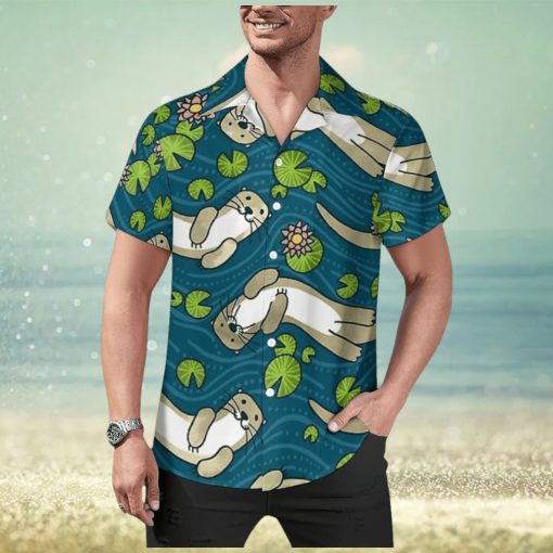 Otter Water Lily Men’s Casual Button Down Shirts Hawaiian Cuban T Shirt Blouse Tops