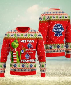 Pabst Blue Ribbon Beer Grinch I Will Drink Here I Will Drink Everywhere Ugly Christmas Sweater Cute Christmas Gift