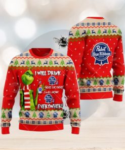 Pabst Blue Ribbon Beer Grinch I Will Drink Here I Will Drink Everywhere Ugly Christmas Sweater Cute Christmas Gift