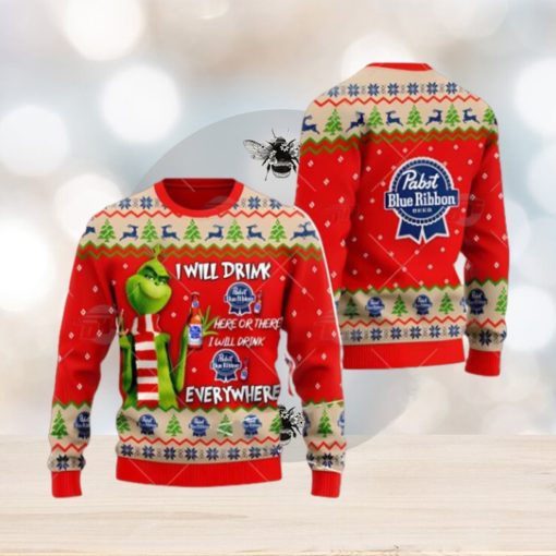 Pabst Blue Ribbon Beer Grinch I Will Drink Here I Will Drink Everywhere Ugly Christmas Sweater Cute Christmas Gift