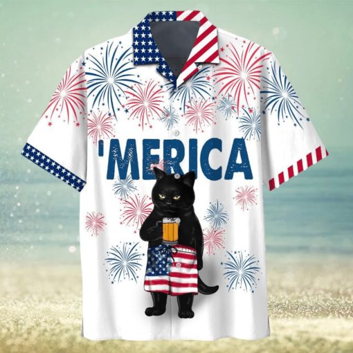 Patriotic Black Cat Sipping Beer on Independence Day Shirt