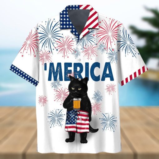 Patriotic Black Cat Sipping Beer on Independence Day Shirt