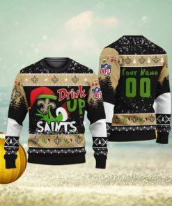 Personalized Name And Number NFL New Orleans Saints Ugly Christmas Sweater Grinch Drink Up Gift For Men And Women