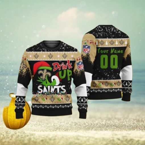 Personalized Name And Number NFL New Orleans Saints Ugly Christmas Sweater Grinch Drink Up Gift For Men And Women