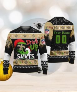 Personalized Name And Number NFL New Orleans Saints Ugly Christmas Sweater Grinch Drink Up Gift For Men And Women