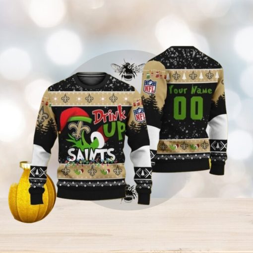 Personalized Name And Number NFL New Orleans Saints Ugly Christmas Sweater Grinch Drink Up Gift For Men And Women