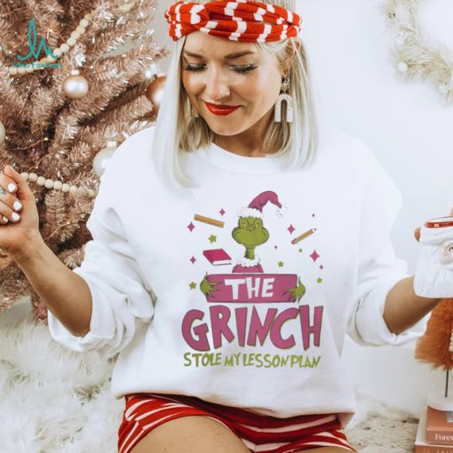 Pink teacher the grinch stole my lesson plan xmas 2023 white shirt