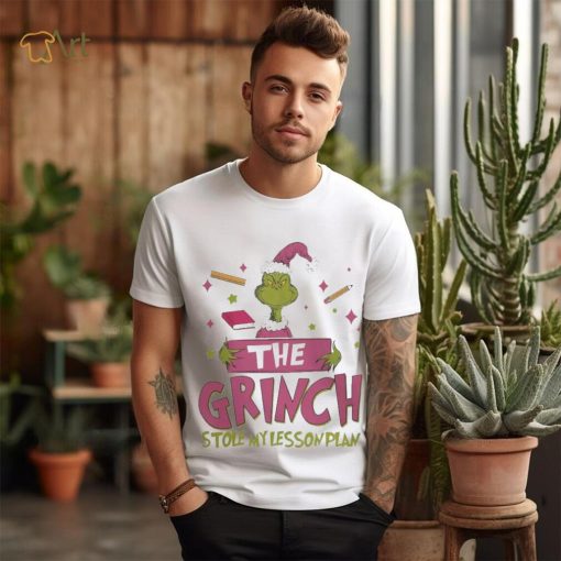 Pink teacher the grinch stole my lesson plan xmas 2023 white shirt