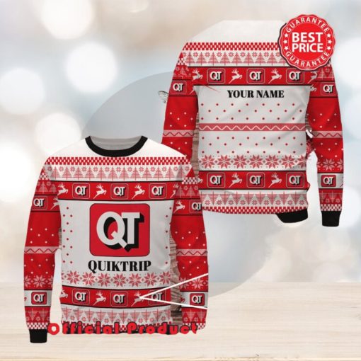 Quiktrip Custom Name White Design Logo Reindeer Ugly Christmas Sweater