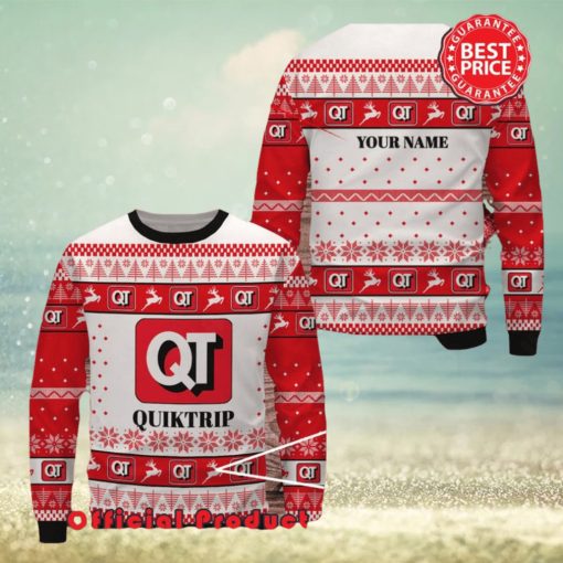 Quiktrip Custom Name White Design Logo Reindeer Ugly Christmas Sweater