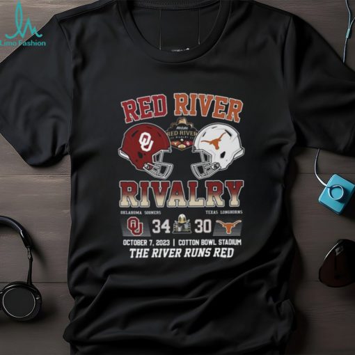 Red River Rivalry Oklahoma Sooners 34 Texas Longhorns 30 October 7, 2023 Cotton Bowl Stadium The River Runs Red T Shirt