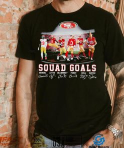 San Francisco 49ers football squad goals Samuel Aiyuk McCaffrey Purdy Bosa Kittle signatures shirt