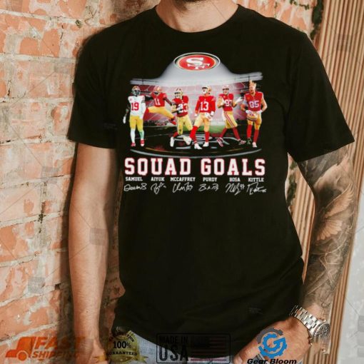 San Francisco 49ers football squad goals Samuel Aiyuk McCaffrey Purdy Bosa Kittle signatures shirt