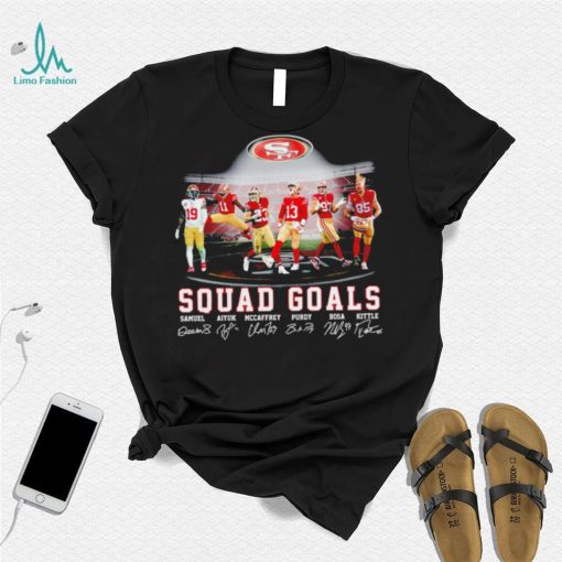 San Francisco 49ers football squad goals Samuel Aiyuk McCaffrey Purdy Bosa Kittle signatures shirt