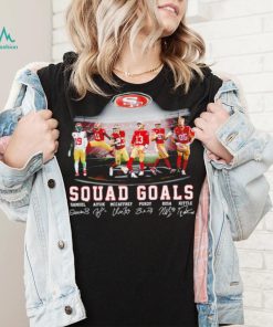 San Francisco 49ers football squad goals Samuel Aiyuk McCaffrey Purdy Bosa Kittle signatures shirt